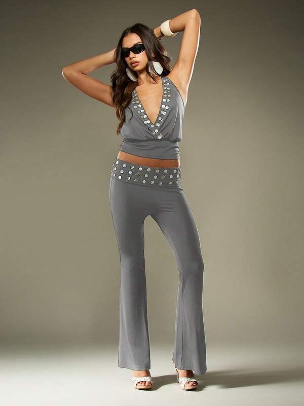 MISSGUIDED Studded Belt Flare Pants With Foldover Waist