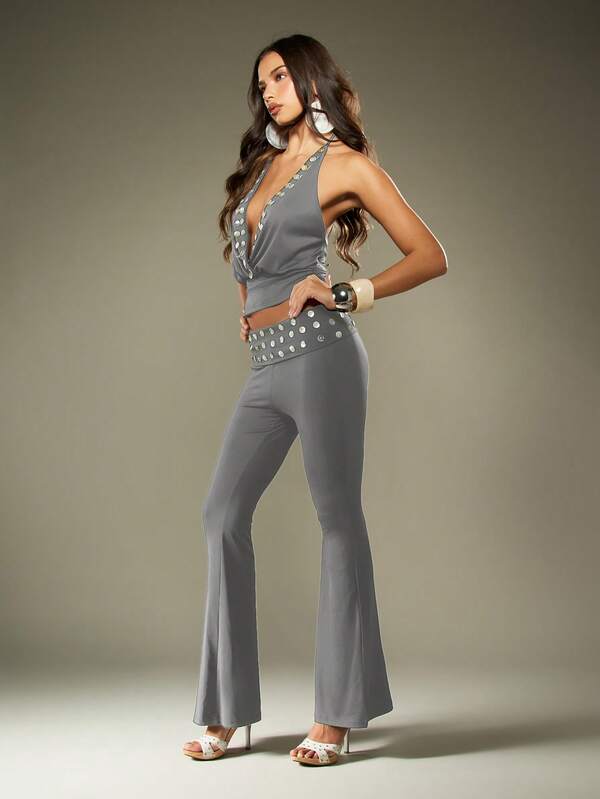 MISSGUIDED Studded Belt Flare Pants With Foldover Waist