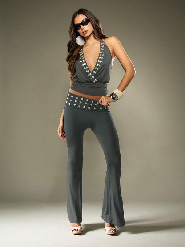 MISSGUIDED Studded Button Detail Cowl Neck Wrap Top