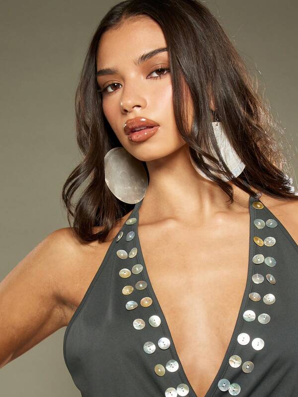 MISSGUIDED Studded Button Detail Cowl Neck Wrap Top