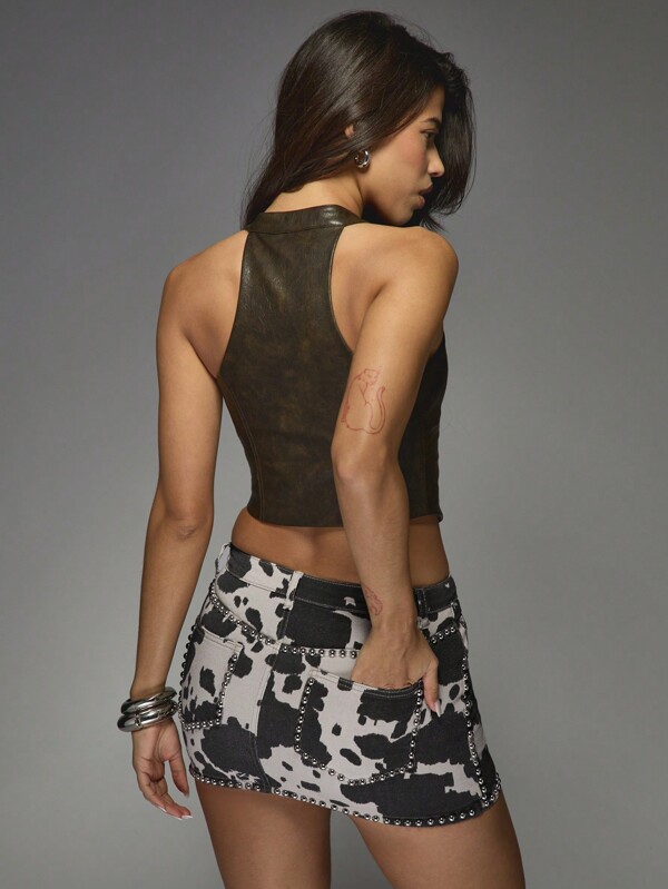 MISSGUIDED Studded Cow Print Mini Skirt With Metal Details