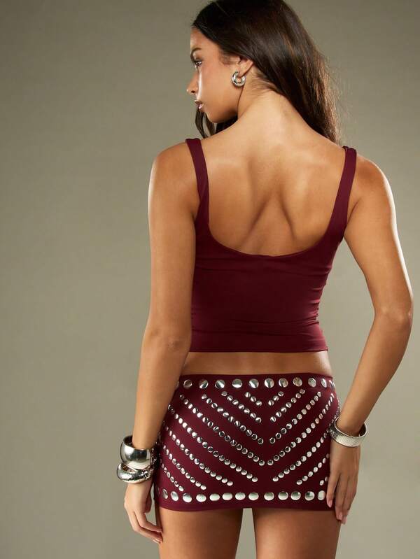 MISSGUIDED Studded Crop Top And Mini Skirt Set With Metallic Embellishments