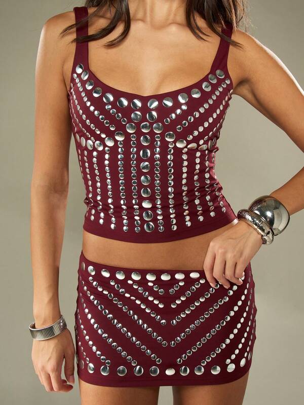 MISSGUIDED Studded Crop Top And Mini Skirt Set With Metallic Embellishments