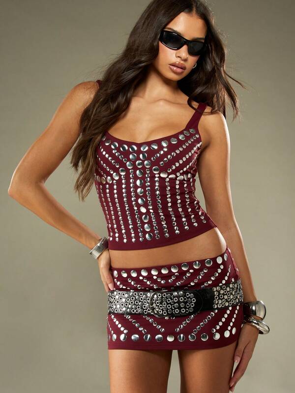 MISSGUIDED Studded Crop Top And Mini Skirt Set With Metallic Embellishments