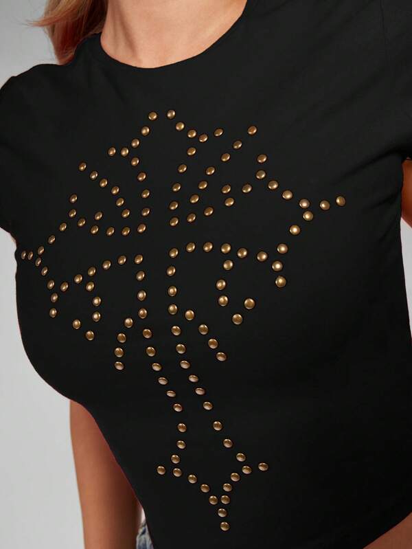 MISSGUIDED Studded Cross Baby Tee With Gold Studs