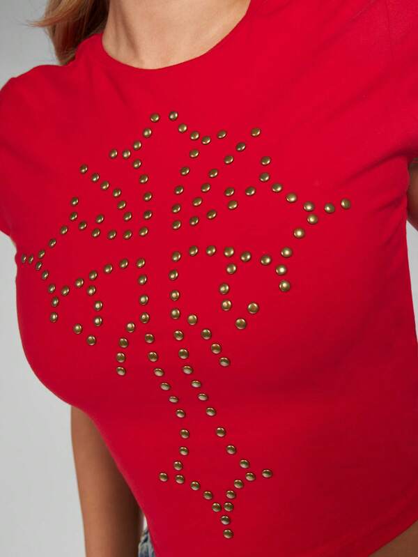 MISSGUIDED Studded Cross Design Cap Sleeve Baby Tee