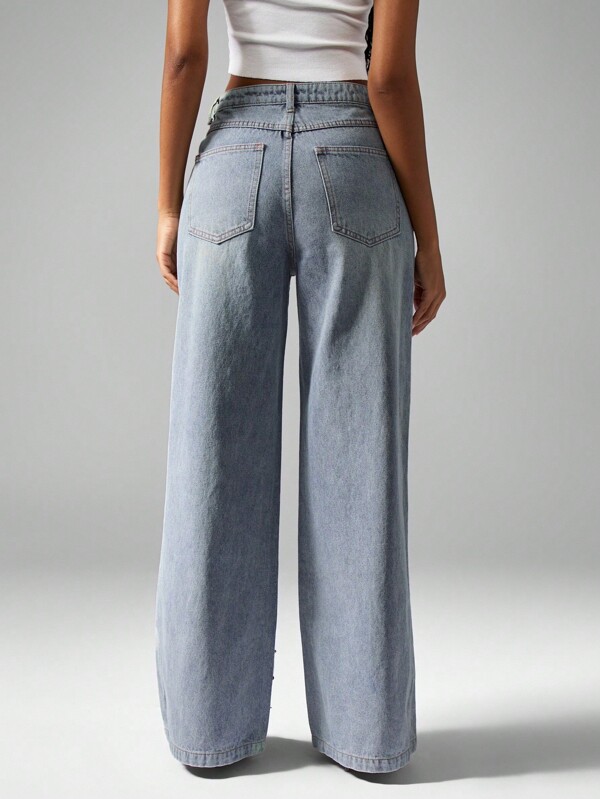 MISSGUIDED Studded Embellished Rhinestone Distressed Wide Leg Statement Jeans