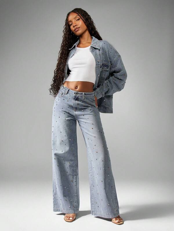 MISSGUIDED Studded Embellished Rhinestone Distressed Wide Leg Statement Jeans