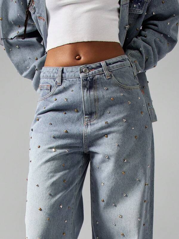 MISSGUIDED Studded Embellished Rhinestone Distressed Wide Leg Statement Jeans