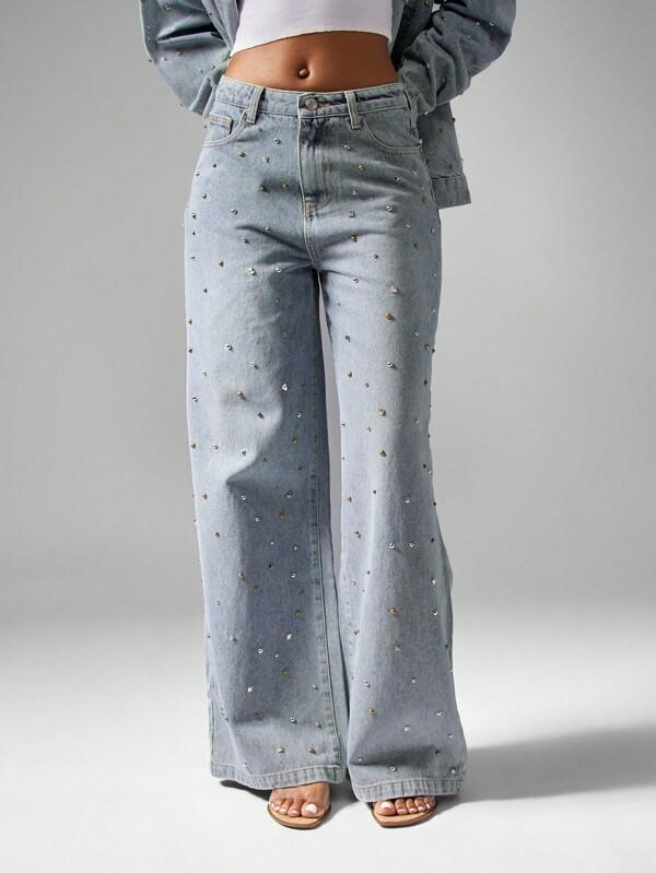 MISSGUIDED Studded Embellished Rhinestone Distressed Wide Leg Statement Jeans