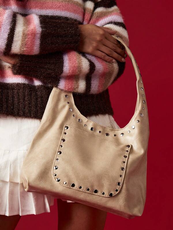 MISSGUIDED Studded Hobo Shoulder Bag With Front Pocket