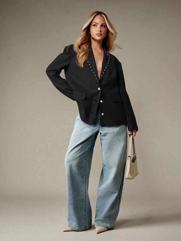 MISSGUIDED Studded Lapel Blazer With Pearl Buttons