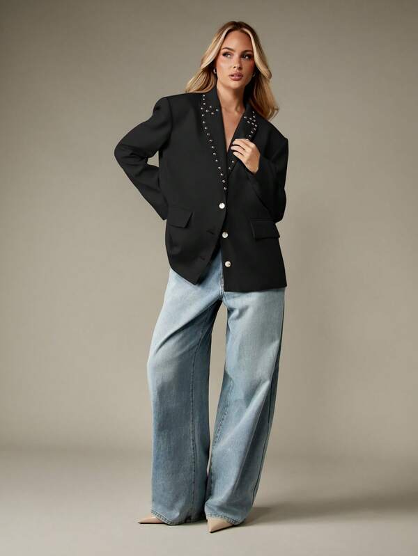 MISSGUIDED Studded Lapel Blazer With Pearl Buttons