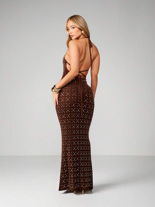 MISSGUIDED Studded Mesh Halter Maxi Dress