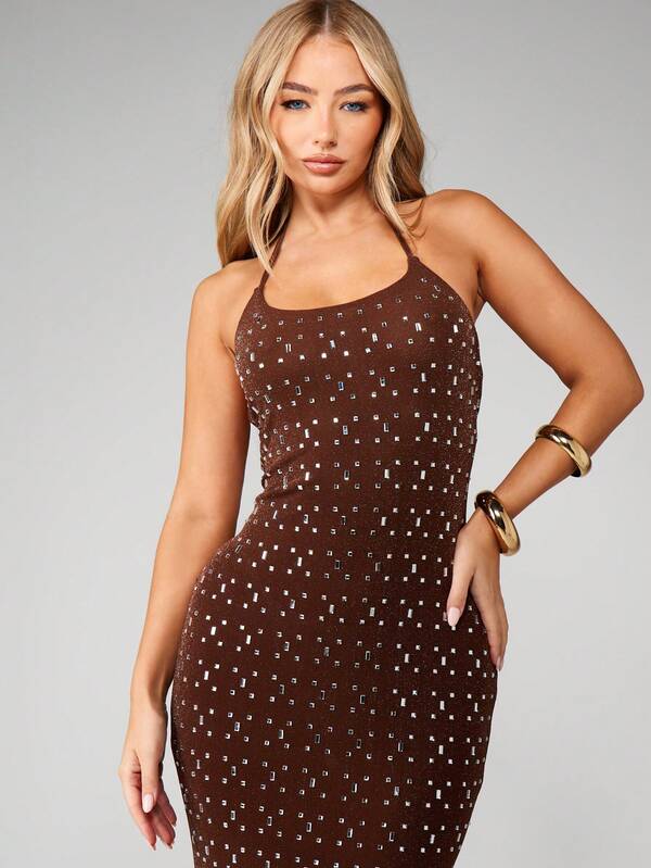 MISSGUIDED Studded Mesh Halter Maxi Dress