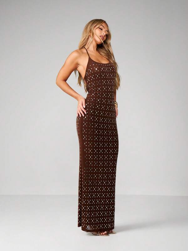 MISSGUIDED Studded Mesh Halter Maxi Dress