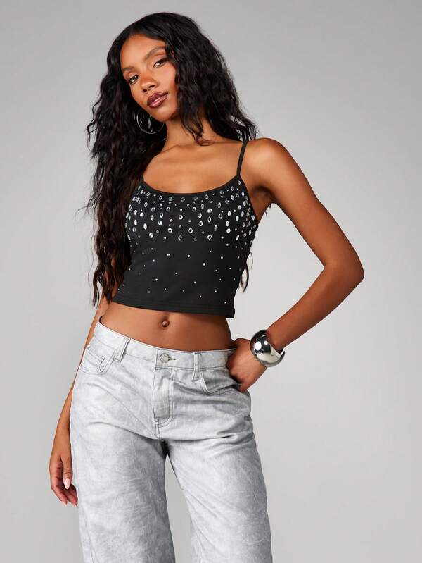MISSGUIDED Studded Rhinestone Cami Tank Top