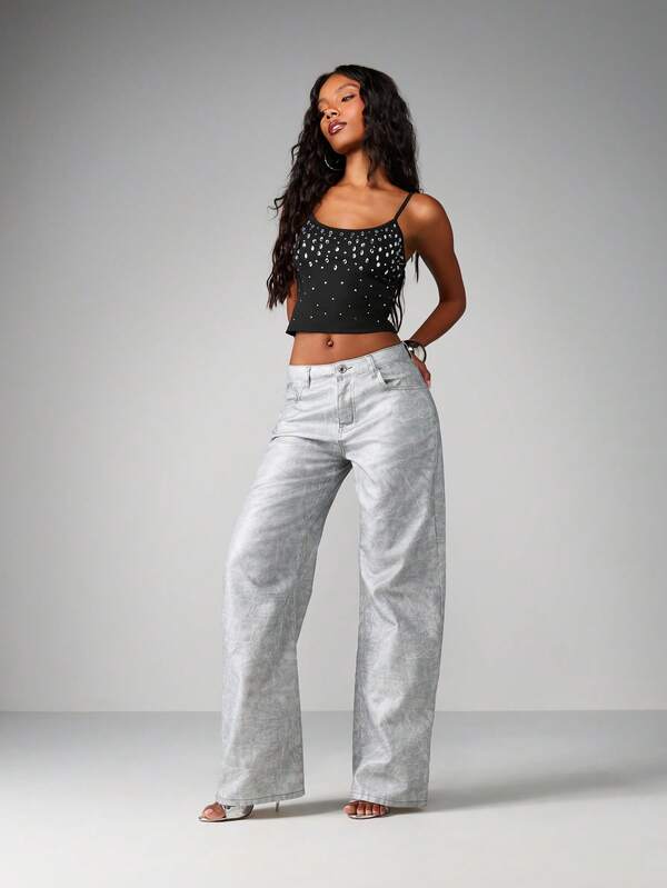 MISSGUIDED Studded Rhinestone Cami Tank Top