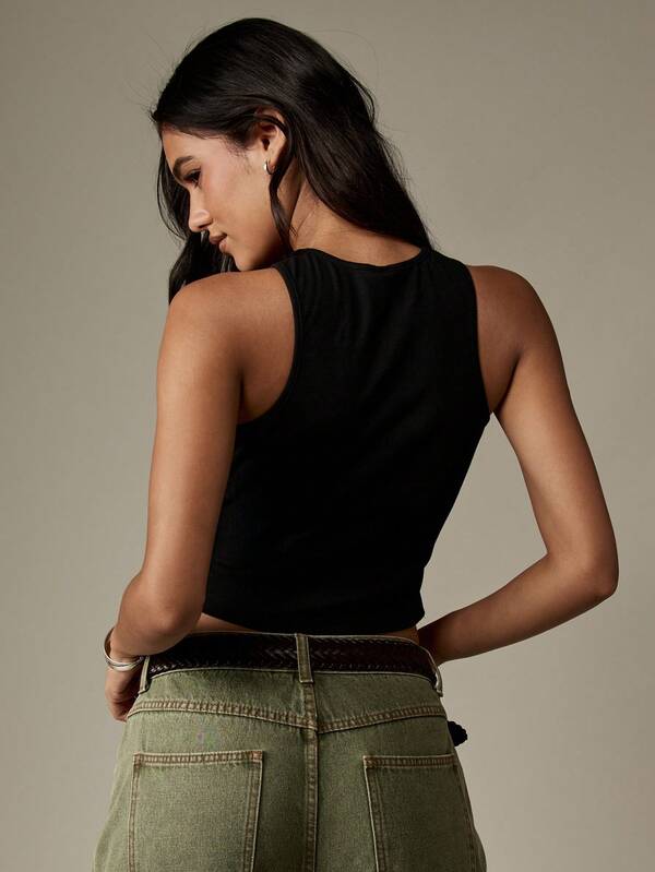 MISSGUIDED Studded Ribbed Knit Halter Crop Tank With Metallic Details