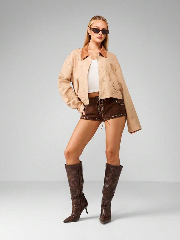 MISSGUIDED Studded Workwear Jacket With Corduroy Collar