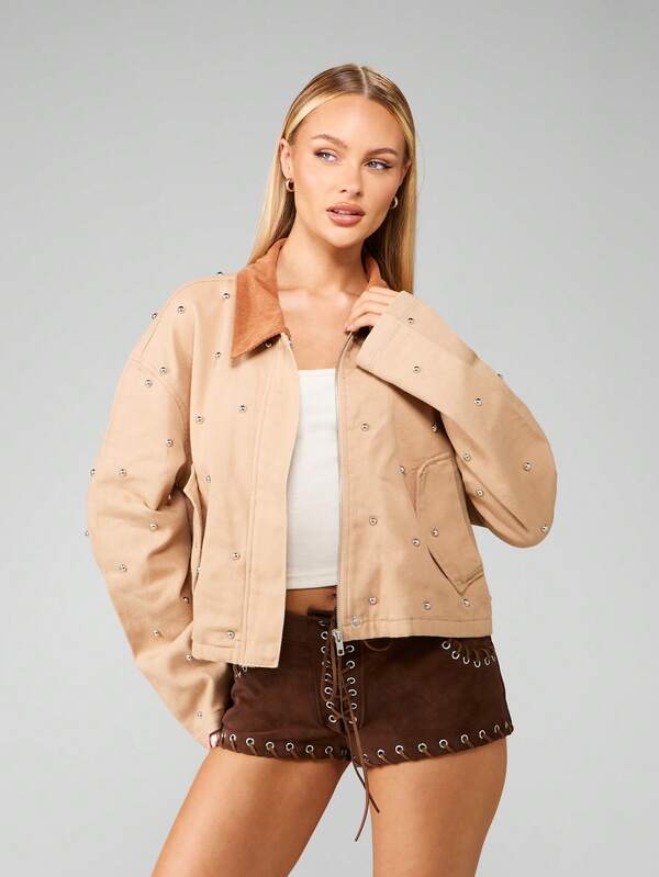 MISSGUIDED Studded Workwear Jacket With Corduroy Collar