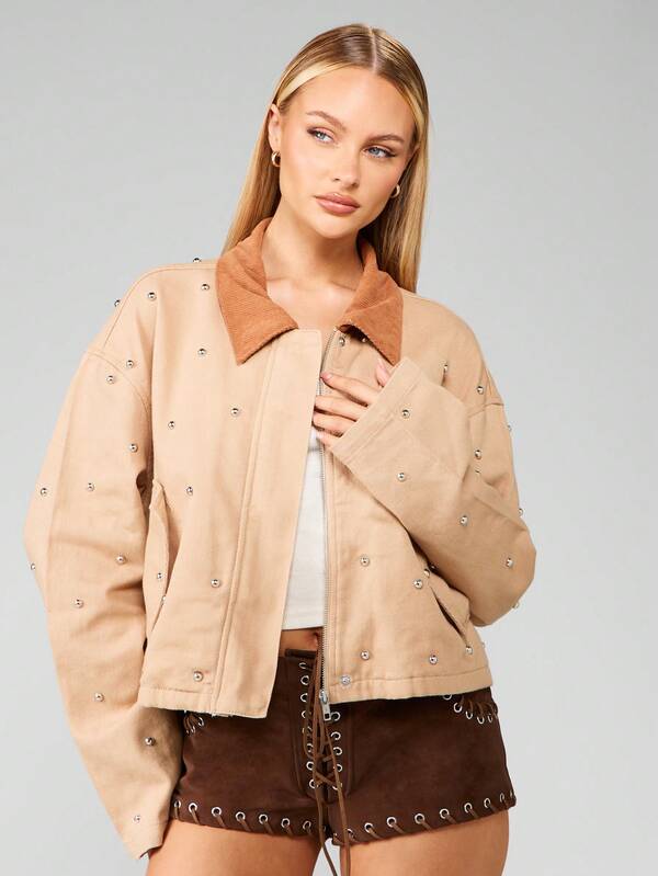 MISSGUIDED Studded Workwear Jacket With Corduroy Collar