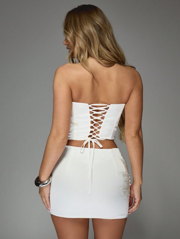 MISSGUIDED Stunning Sequin Starburst Corset Two-Piece Set With Pearl Detail Mini Skirt