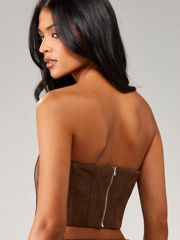 MISSGUIDED Suede Bandeau Corset Top With Vertical Seams
