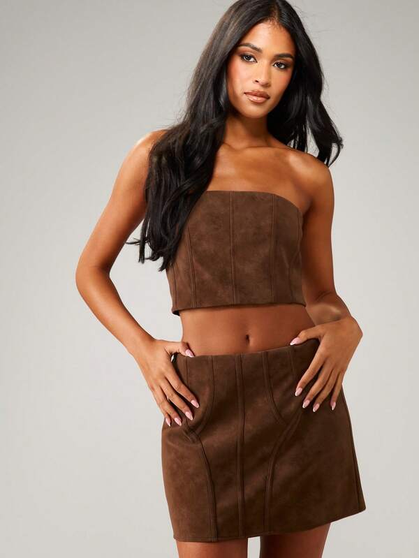 MISSGUIDED Suede Bandeau Corset Top With Vertical Seams