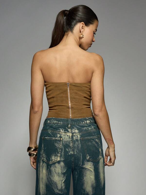 MISSGUIDED Suede Bandeau Corset Top With Zipper Detail