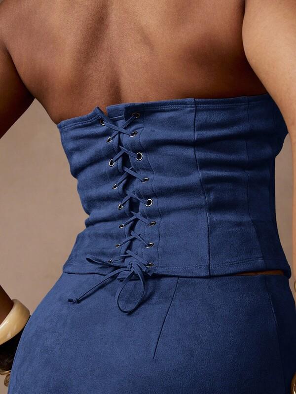 MISSGUIDED Suede Corset Style Bustier Top With Mini Skirt