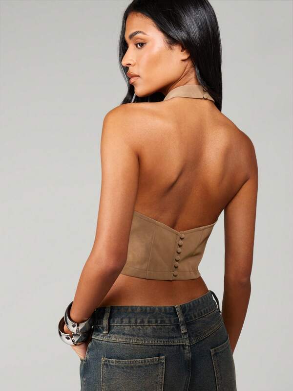 MISSGUIDED Suede Halter Neck Crop Top With Buttons