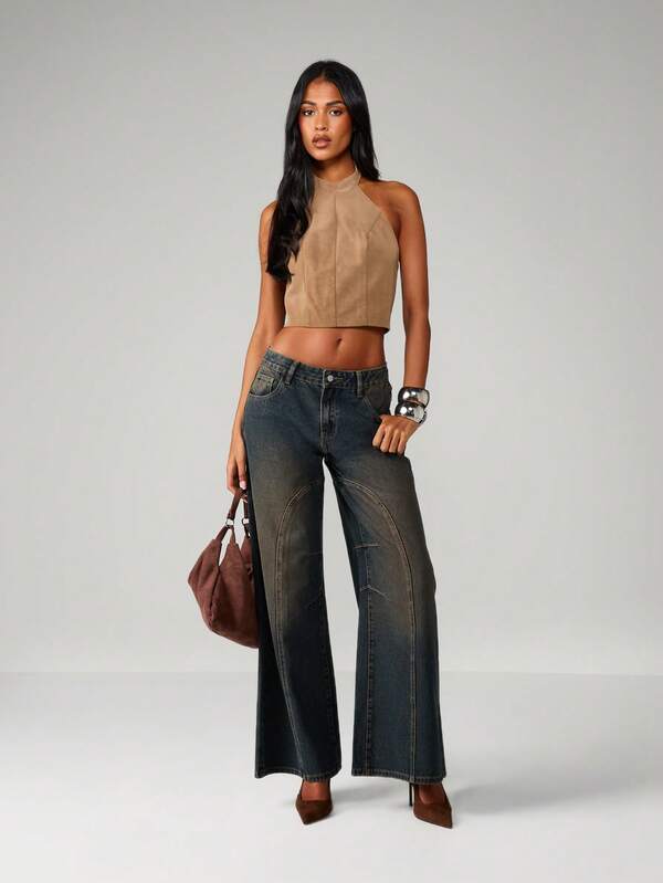 MISSGUIDED Suede Halter Neck Crop Top With Buttons