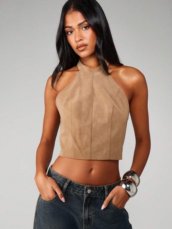 MISSGUIDED Suede Halter Neck Crop Top With Buttons