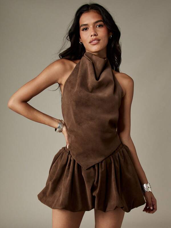 MISSGUIDED Suede Halter Neck Top With Bubble Mini Skirt