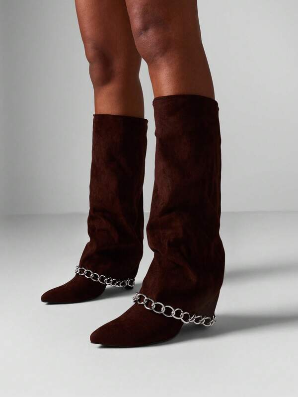 MISSGUIDED Suede Knee High Boots With Chain Detail