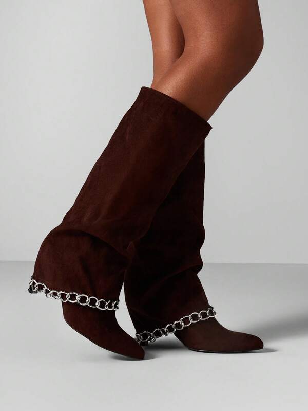 MISSGUIDED Suede Knee High Boots With Chain Detail