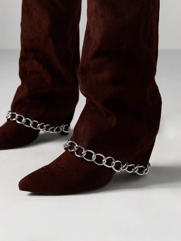 MISSGUIDED Suede Knee High Boots With Chain Detail