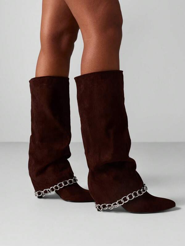 MISSGUIDED Suede Knee High Boots With Chain Detail