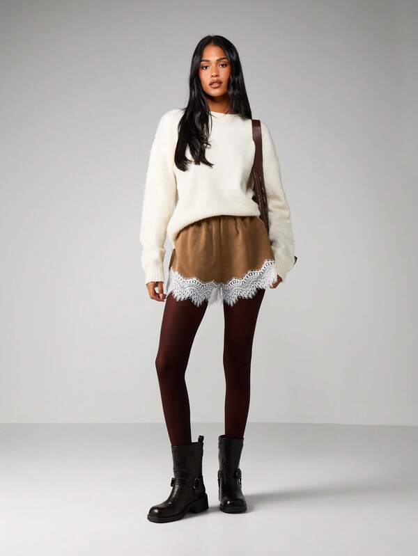 MISSGUIDED Suede Mini Shorts With Lace Trim