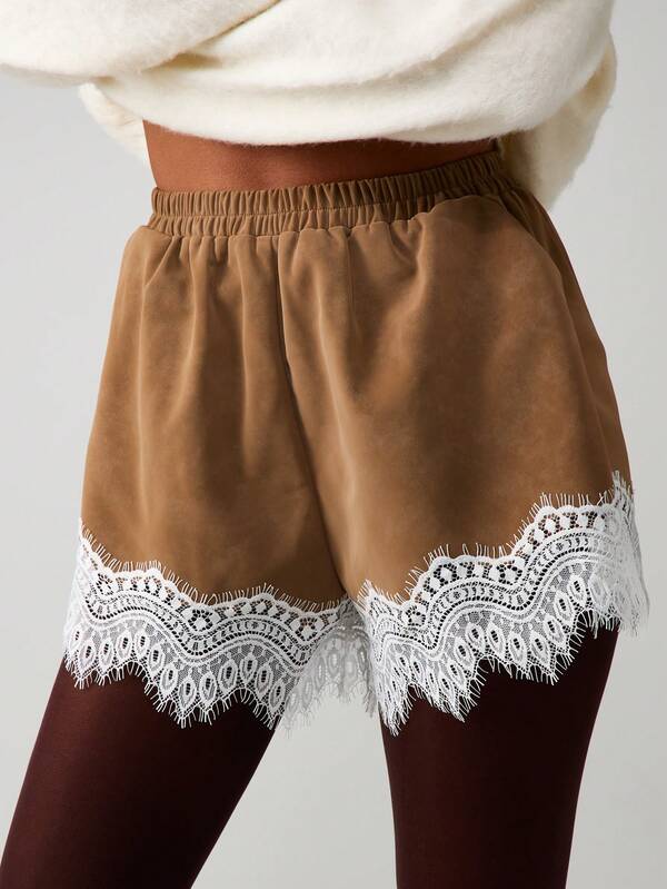 MISSGUIDED Suede Mini Shorts With Lace Trim