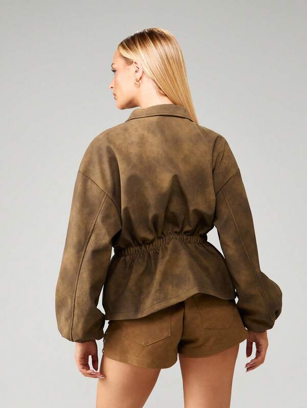 MISSGUIDED Suede Utility Jacket With Elastic Waist And Zip Front