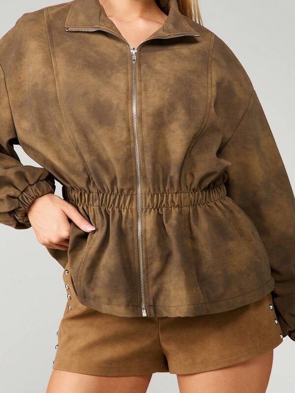 MISSGUIDED Suede Utility Jacket With Elastic Waist And Zip Front