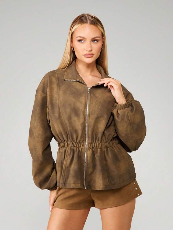 MISSGUIDED Suede Utility Jacket With Elastic Waist And Zip Front