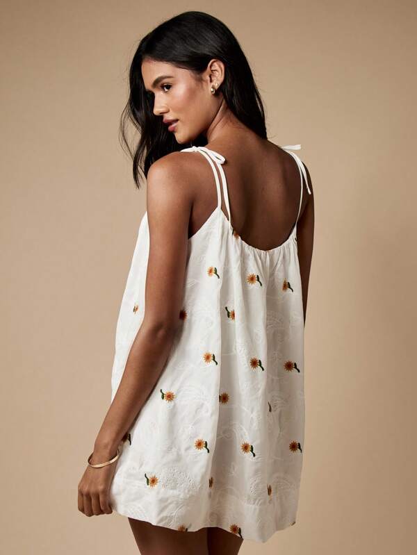MISSGUIDED Sunflower Embroidered Mini Swing Dress Tie Shoulder A-Line
