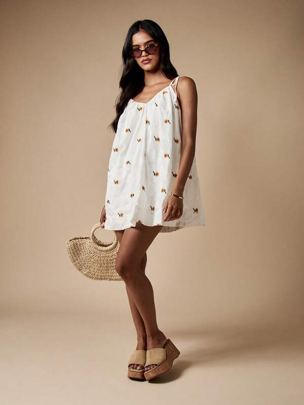 MISSGUIDED Sunflower Embroidered Mini Swing Dress Tie Shoulder A-Line