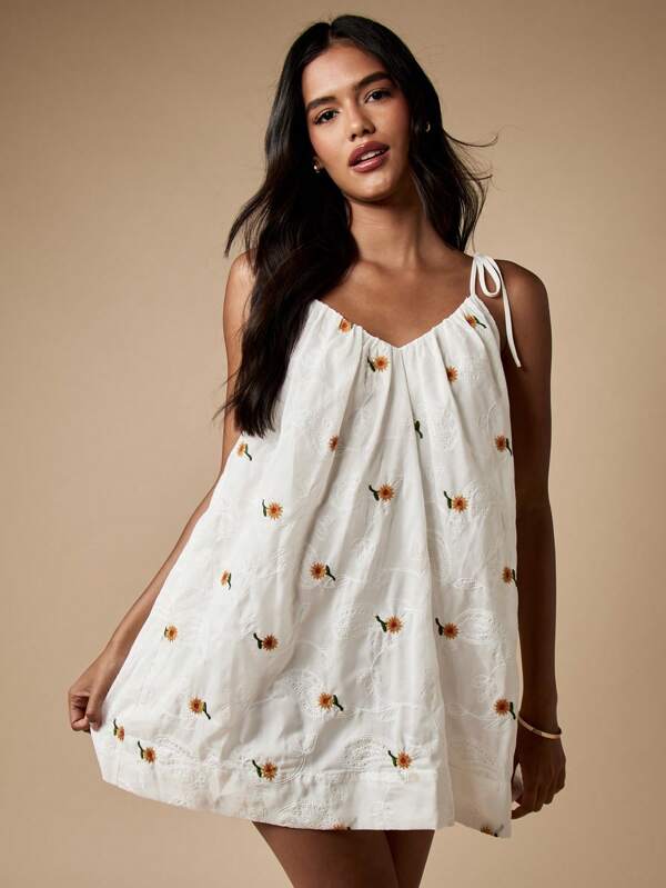 MISSGUIDED Sunflower Embroidered Mini Swing Dress Tie Shoulder A-Line