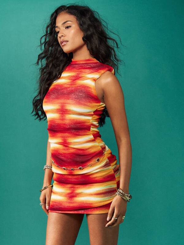 MISSGUIDED Sunset Tie Dye Ruched Bodycon Mini Dress