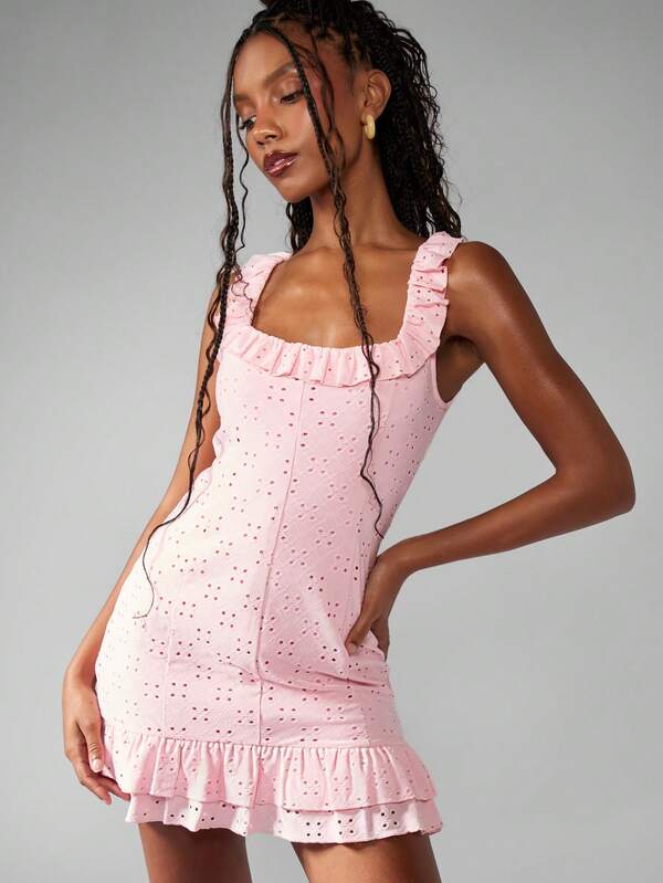 MISSGUIDED Sweetheart Broderie Anglaise Ruffle Trim Mini Dress