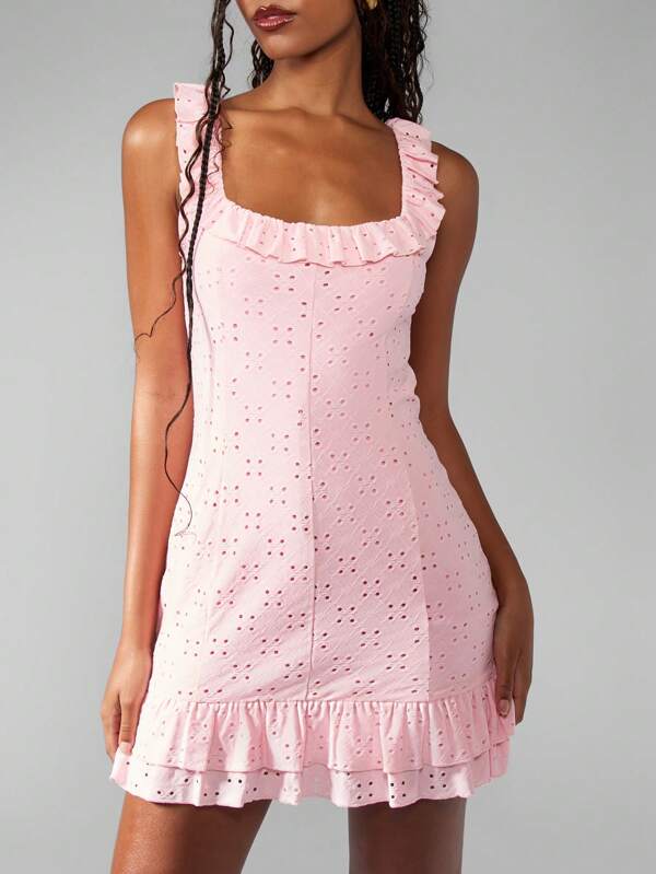 MISSGUIDED Sweetheart Broderie Anglaise Ruffle Trim Mini Dress